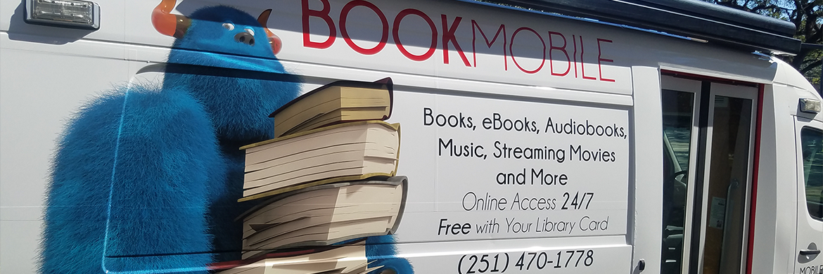 Bookmobile header showing the side of the bookmobile van with the character Sully from Monsters Inc. holding a stack of books